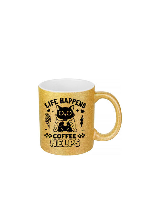 White Ceramic Mug 330ml Glitter Gold Life Happe...