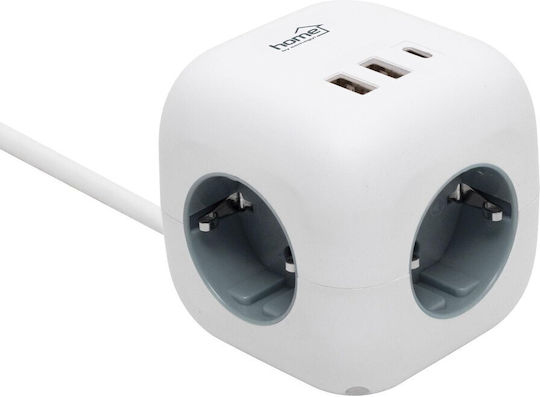 PowerCube Steckdosenleiste mit Schalter 3 Steckdosen 16a 250v 1.5m 3g1.0 mm2 H05VV-F Schalter 2xUSB-A 1xUSB-C