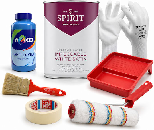 Комплект За Боядисване До 15 М² Покритие Spirit Безупречно Покритие Сатен 15 Бял Сатен Латексов Грунд Аксесоари