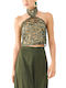 Damen Crop Top Ärmellos mit Bindung am Ausschnitt Grün- Khaki