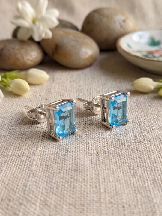 Grekas Silver Stud Earrings with Light Blue Stones