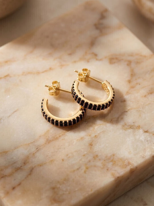 Grekas Silver Gold Plated Hoop Earrings with Black Stones