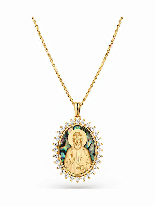 Ulysses Silver Pendant "Saint Paisios" Silver 925 14k Gold Plating Zircon Nacre Chain Gold Plated Silver 925