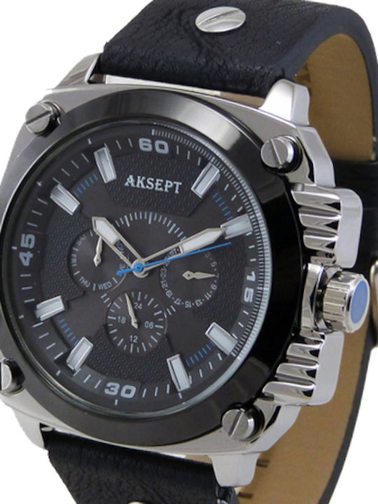 Aksept Мъжки Часовник 50mm На Батерия с Черна Кожена Каишка