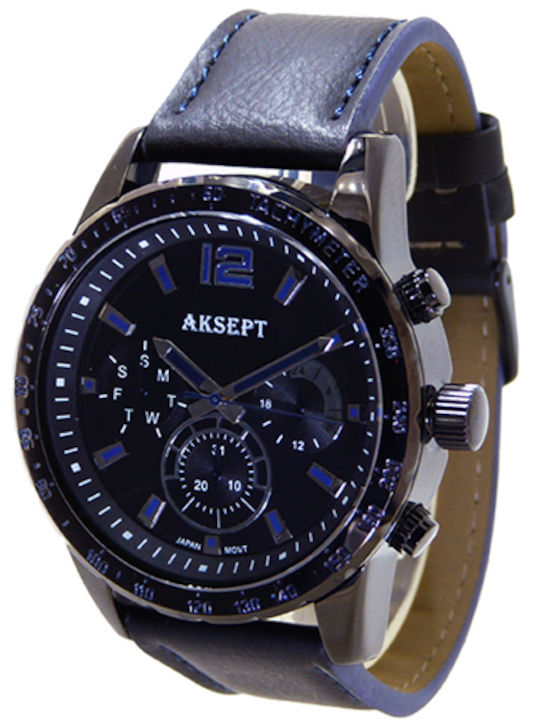 Aksept Мъжки часовник 48mm На батерия с Черна Кожена каишка