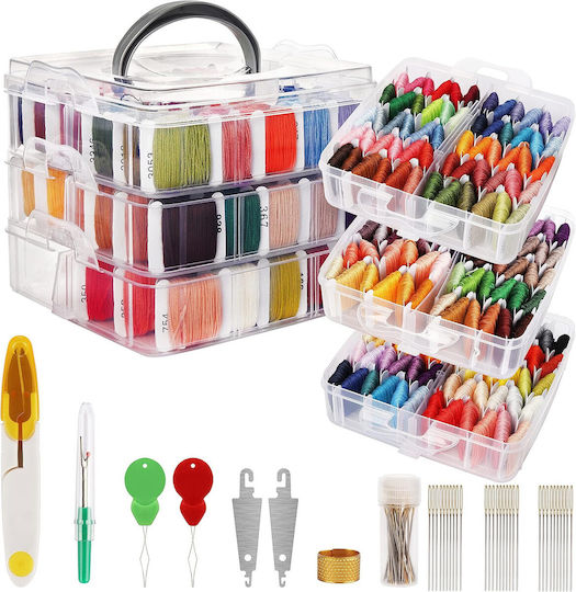Embroidery Thread Set Handi Stitch 150 Colored Threads Polyester Cotton 30 Needles Transparent Organizer 14.5 X 14.5 X 13 Cm Accessories Multicolor
