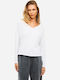 Women's Cotton Long Sleeve Top with V-Neck White