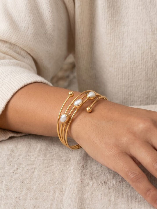 Grekas Women's Gold Plated Handcuff Bracelet with Pearls