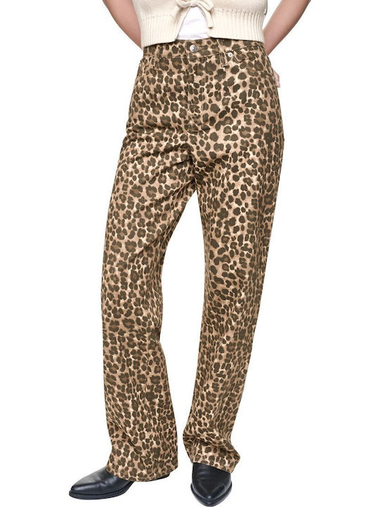 DKNY Γυναικείο Ψηλόμεσο Υφασμάτινο Παντελόνι Straight Λεοπάρ Ροζ