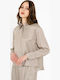 Damen Crop Top Satin Langärmelig Gestreift Beige