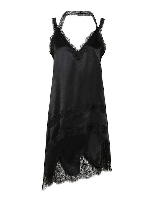 Summer Evening Satin Slip Dress with Lace Black