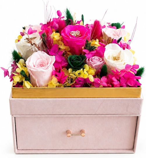 Aranjament Floral De Lux 11 Trandafiri Criogenați Cutie Pătrată Catifea Roz Pudrat Sertar Capac Plexiglas