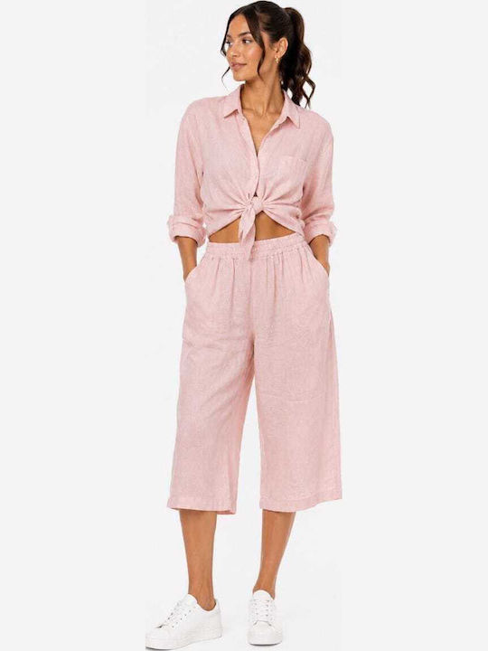 Liva Fashion Damen Leinen Capri Hose mit Gummib...
