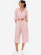 Women's Linen Capri Trousers with Rubber Band in Loose Fit Pink