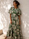 Maxi Dress with Ruffles Green Colour