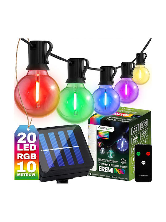 Ηλιακή Γιρλάντα Κήπου 20x Led Διακοσμητικές Λάμπες G50 10,6m 3000k Rgb + Τηλεχειριστήριο Eremi Lumiled