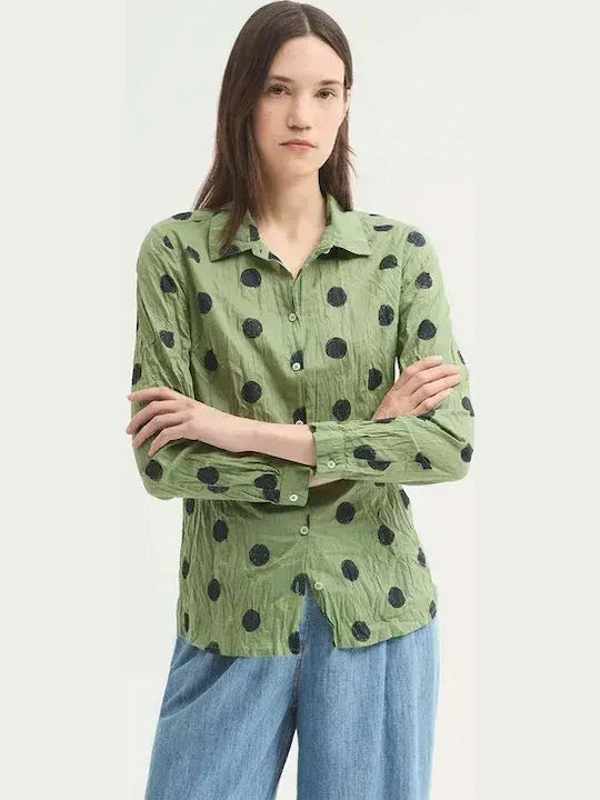 Long Sleeve Women's Cotton Shirt Green Polka Dot