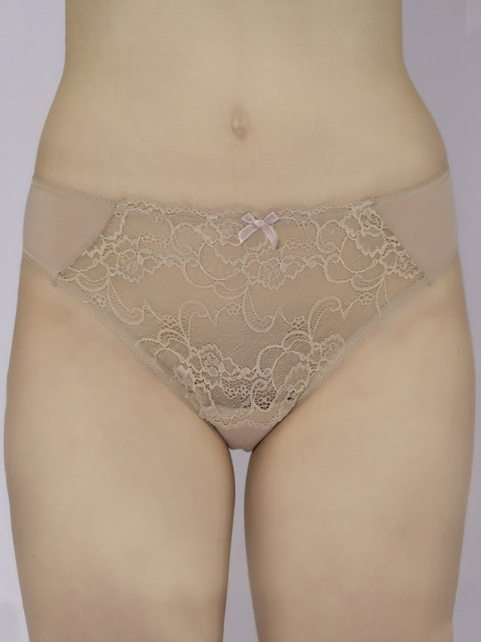 Cotton High Waist Women's Briefs with Lace Beige