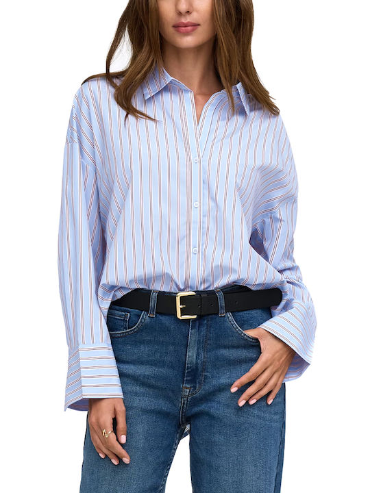 Oregon Μακρυμάνικο Γυναικείο Πουκάμισο Λευκο- Μπλε- Σιελ Ριγέ
