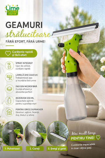 Lime Kit de curățare a geamurilor 3 în 1 Sticlă cu pulverizator Lavetă din microfibră Racletă Gri-verde