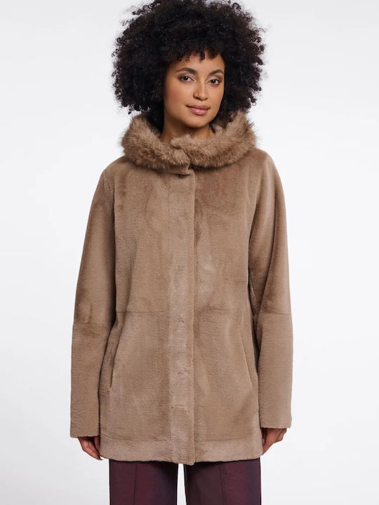Women's Toffee Coat with Hood & Fur Details