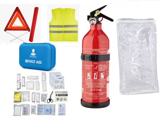 Car Emergency Kit First Aid Kit Din-13164:2022 Powder Fire Extinguisher 1kg Warning Triangle & Reflective Vest