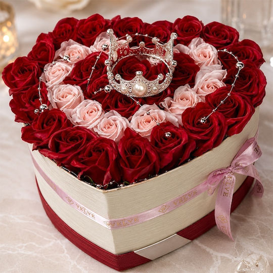 Aranjament Floral Regal 35 Trandafiri De Săpun Coroană Regală Accesorii Cu Perle În Cutie În Formă De Inimă Roșu-Roz