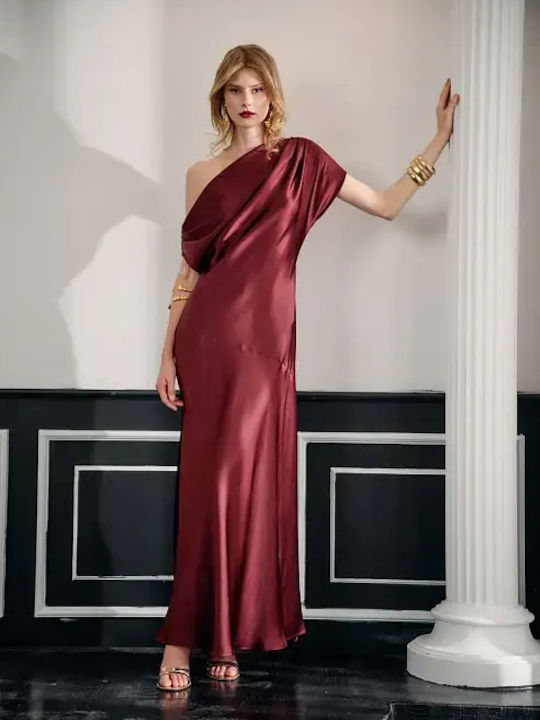 Summer Maxi Evening Satin Drape Dress Burgundy