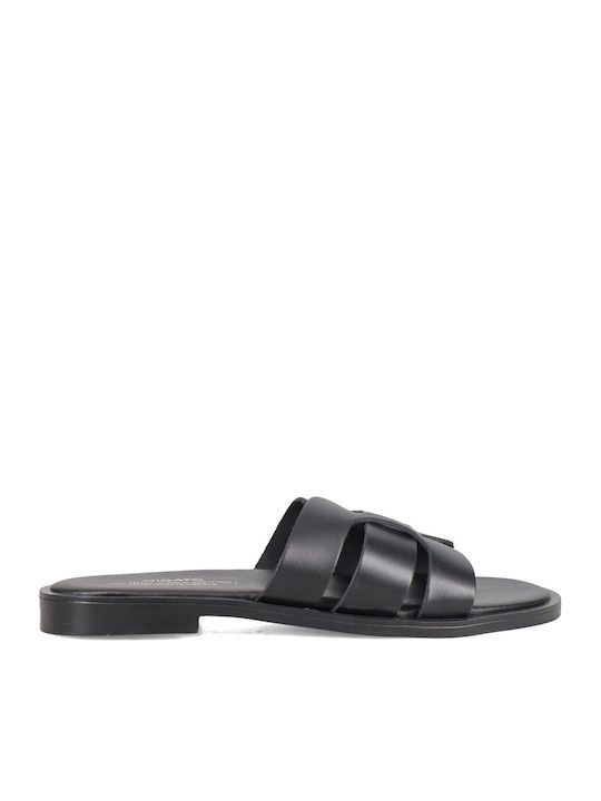 Leder Flache Sandalen für Damen Schwarz