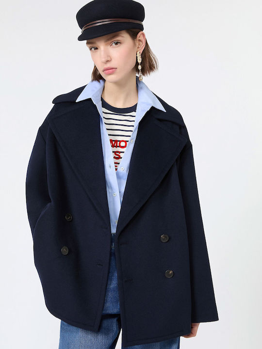 Wool Women's Half Coat Navy Oversized with Buttons