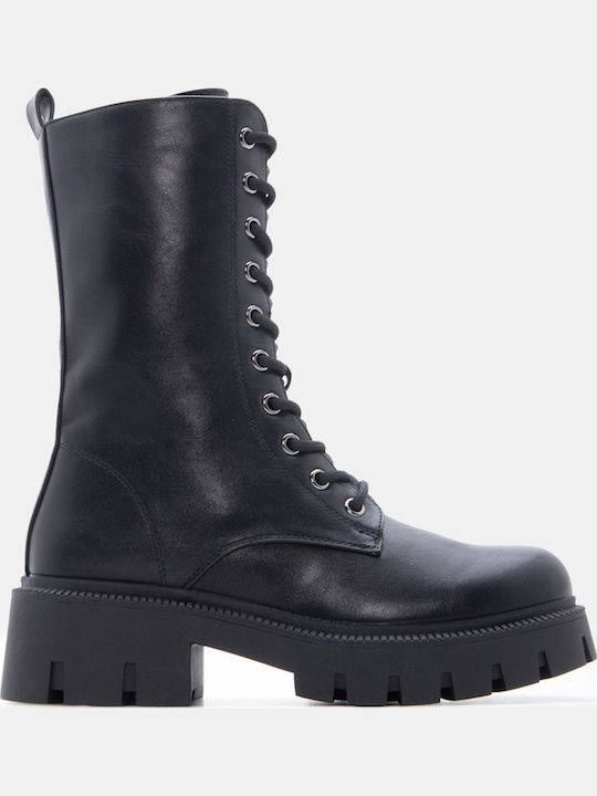 Wildleder Damen Kampfstiefel mit Mittelhohem Absatz Schwarz