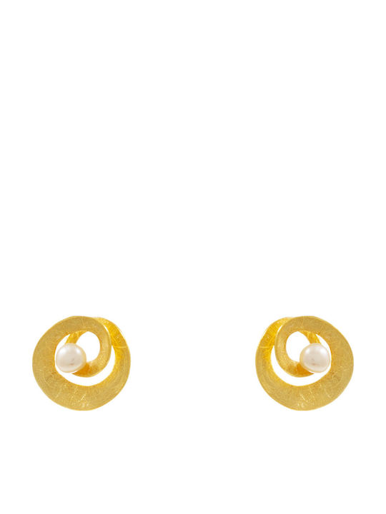Bizoutaki Silver Gold Plated Stud Earrings with Stones and Pearls