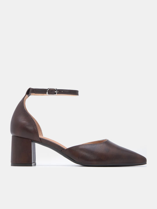Μυτερές Γόβες με Λουράκι & Μεσαίο Τακούνι Καφέ