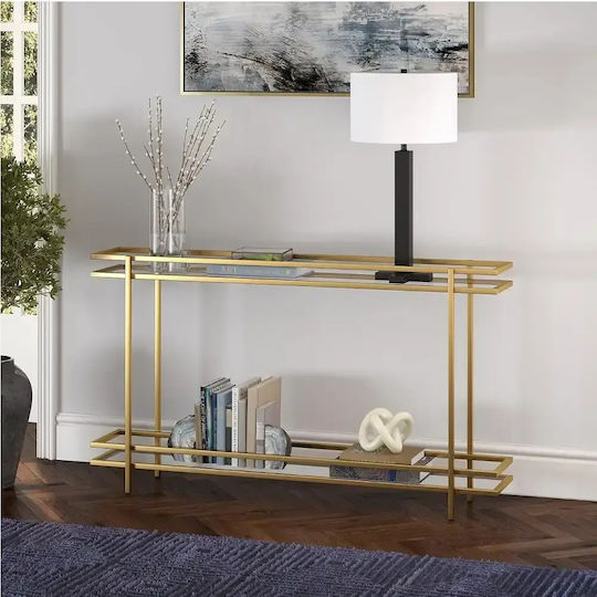Consolă Metalică cu Suprafață din Sticlă Aurie L120xL58xÎ24cm