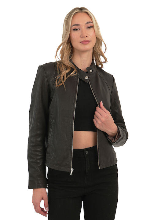Leather Women's Jacket for Winter Dark Brown