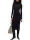 Midi T-Shirt Dress Knitted Turtleneck Black