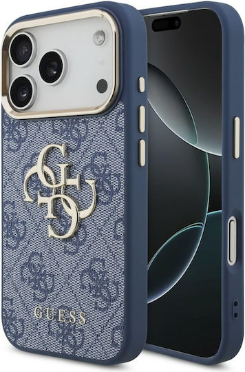 Guess калъф от PU кожа с метално лого и златна рамка за iPhone 18 Pro син