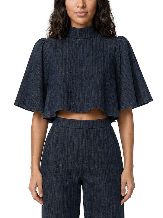 Дамски Crop Top Памучен с Цип Син
