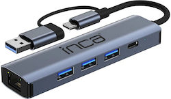 Inca USB-Hub 5 Anschlüsse mit Anschluss an einen Computer USB-A USB-C Ethernet Grau Inca USB-Hub 5 Anschlüsse mit Anschluss an einen Computer USB-A USB-C Ethernet Grau