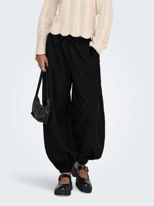 Women's Fabric Trousers with Rubber Band in Loose Fit Black