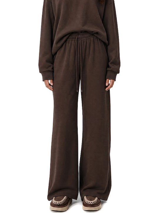 Pantaloni Dama Talie Inalta cu Elastic in Linie Wide Maro