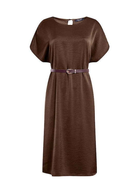 Celestino Women's Midi Satin Belt Brown Dress