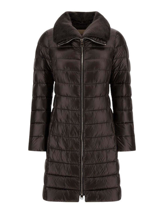 Woven Μακρύ Γυναικείο Puffer Μπουφάν για Χειμώνα Καφέ