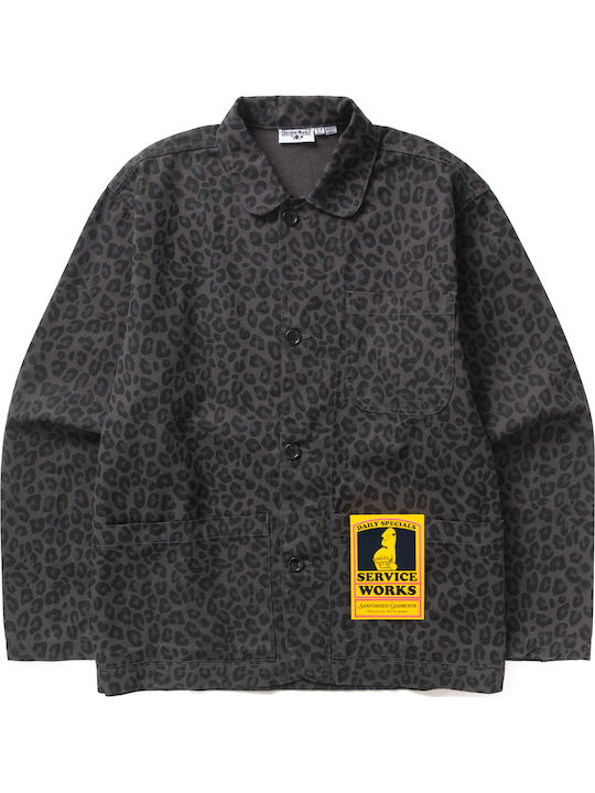 Short Sleeve Cotton Shirt in Wide Line Black Leopard