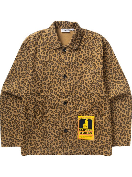 Short Sleeve Cotton Shirt In Wide Line Brown Leopard
