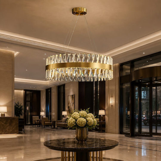 Adjustable Gold LED Ceiling Light with Warm White Light with Crystals 60x60cm