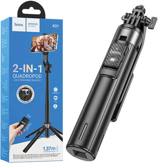 Hoco Quadropod Selfie Stick din Aluminiu Bluetooth cu Telecomandă Negru