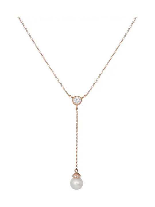 Necklace Made of 14K Rose Gold with Pearls and Zircon Pink