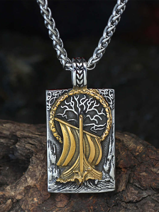 Men's Viking Dromon Ship Tree of Life Yggdrasil Pendant Silver Gold Chain