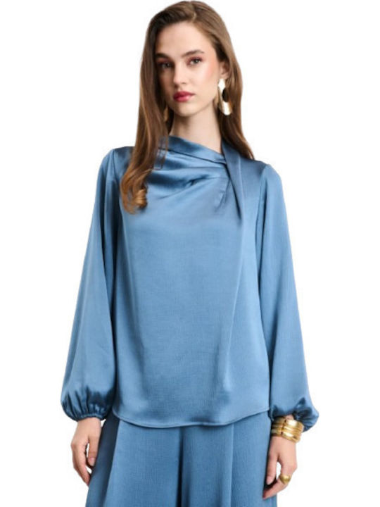 Desiree Women's Satin Long Sleeve Drape Blue Bl...